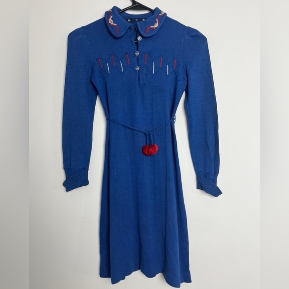 Scandinavian Style Girls Royal Blue Embroidered Pom Pom Tie Long Sleeve Dress - Picture 1 of 9